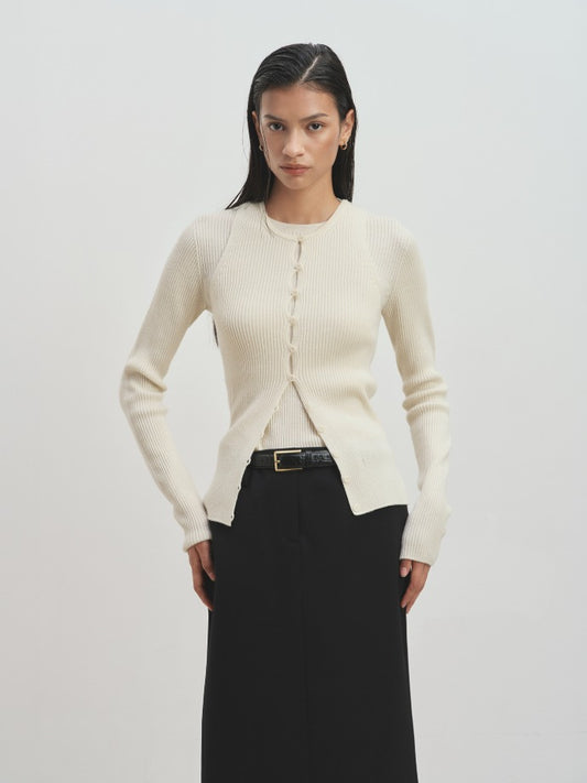 BUTTON RIBBED SLEEVELESS CARDIGAN