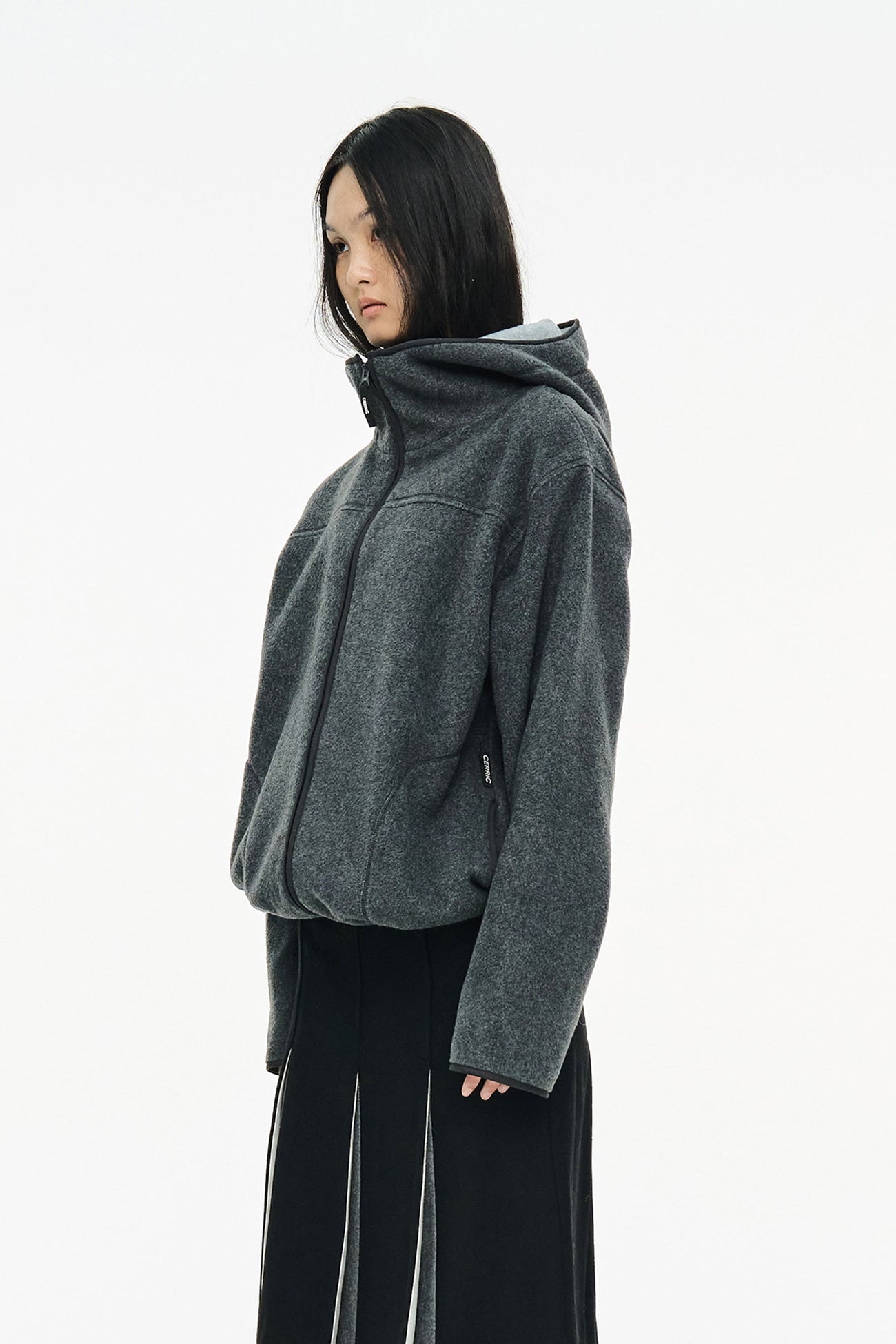 FLEECE HOODED ZIP UP / CHARCOAL