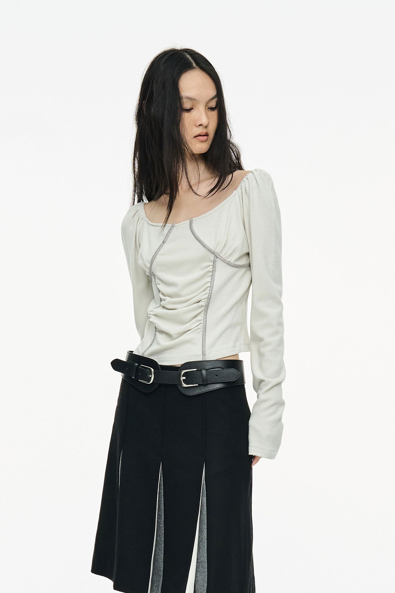 RUCHED SHIRRING TOP / GRAY