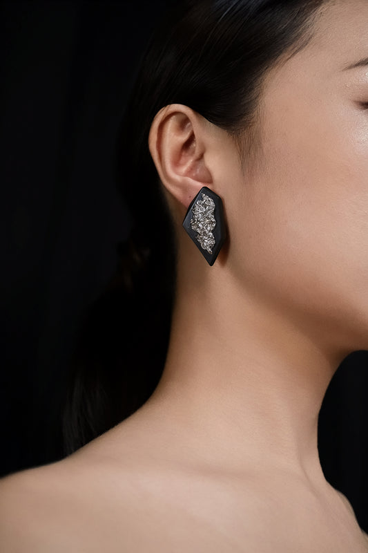Refracted Light Asymmetric Large Ear Stud Ebony Silver Antiqued