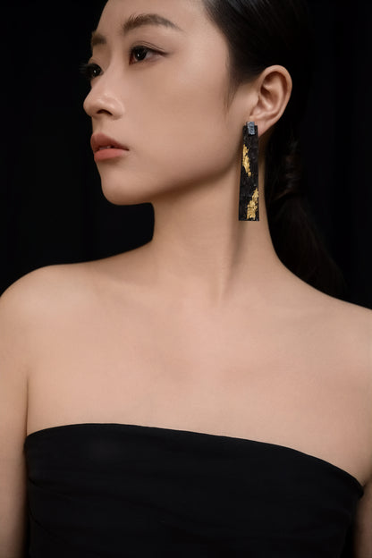Li Realm Lacquered Gold Snow Ebony Large Earring Antiqued Black