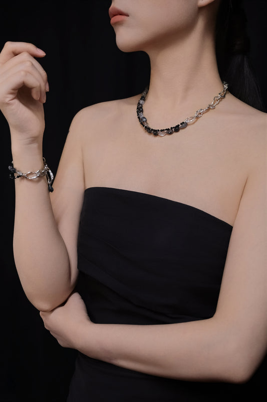 Li Crystal Twilight Star River Silver Circle Mixed Black Rutilated Quartz Silver Bracelet