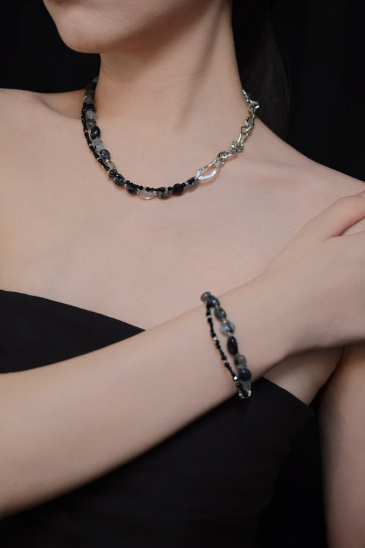 Li Crystal Twilight Star River Silver Circle Mixed Black Rutilated Quartz Silver Bracelet