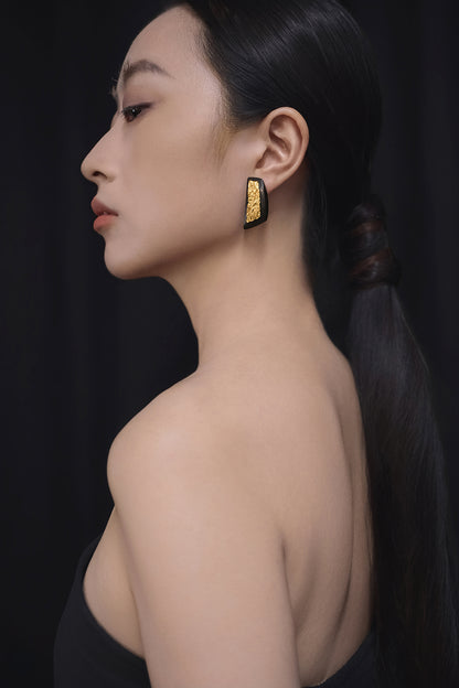 Li Realm Moon Ebony Boat Shadow Earring Ebony Ear Stud Silver 23K Thick Gold Plated