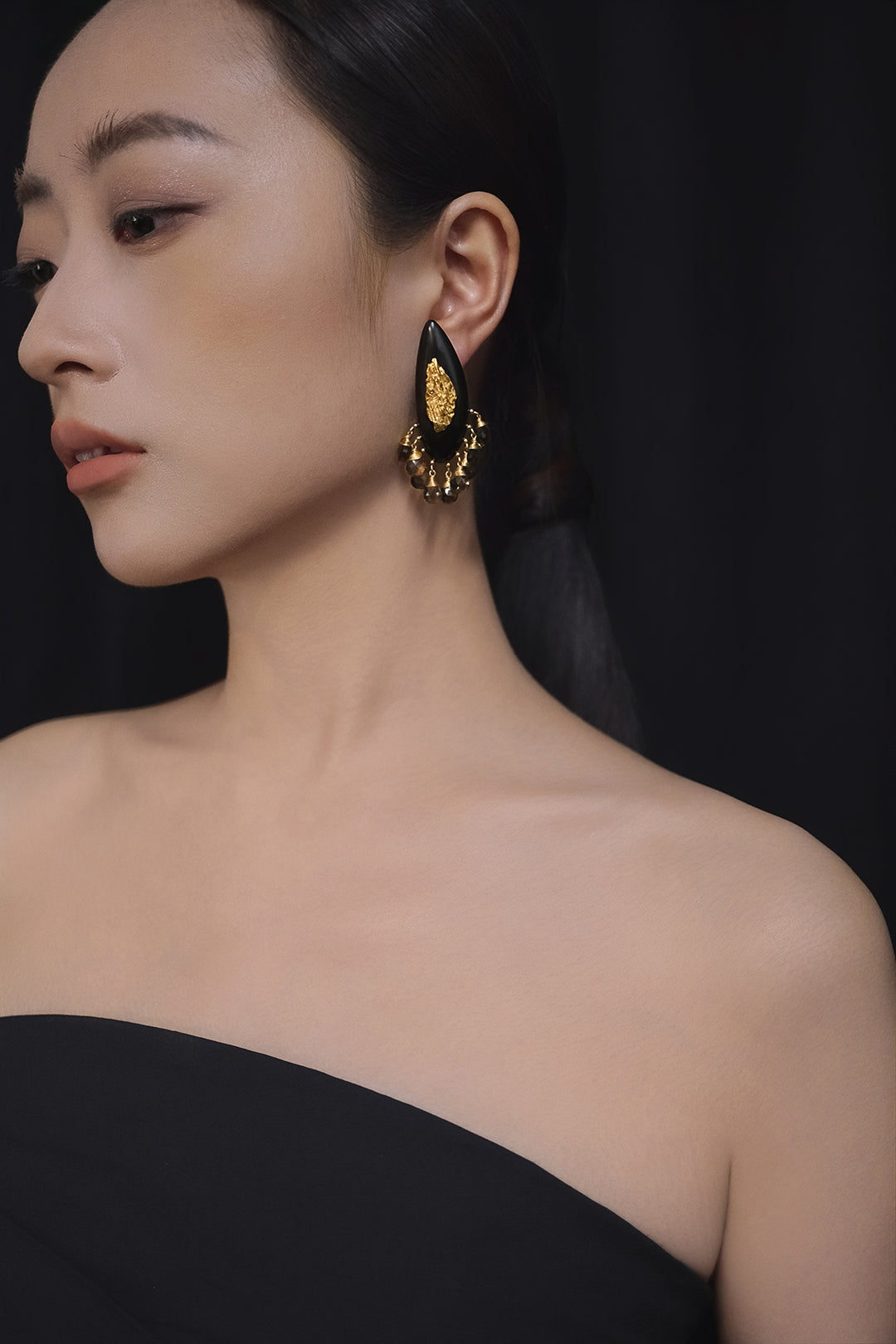 Li Realm Dewdrop Crystal Drop Earring Ebony Tea Crystal Silver Thick Gold Plated