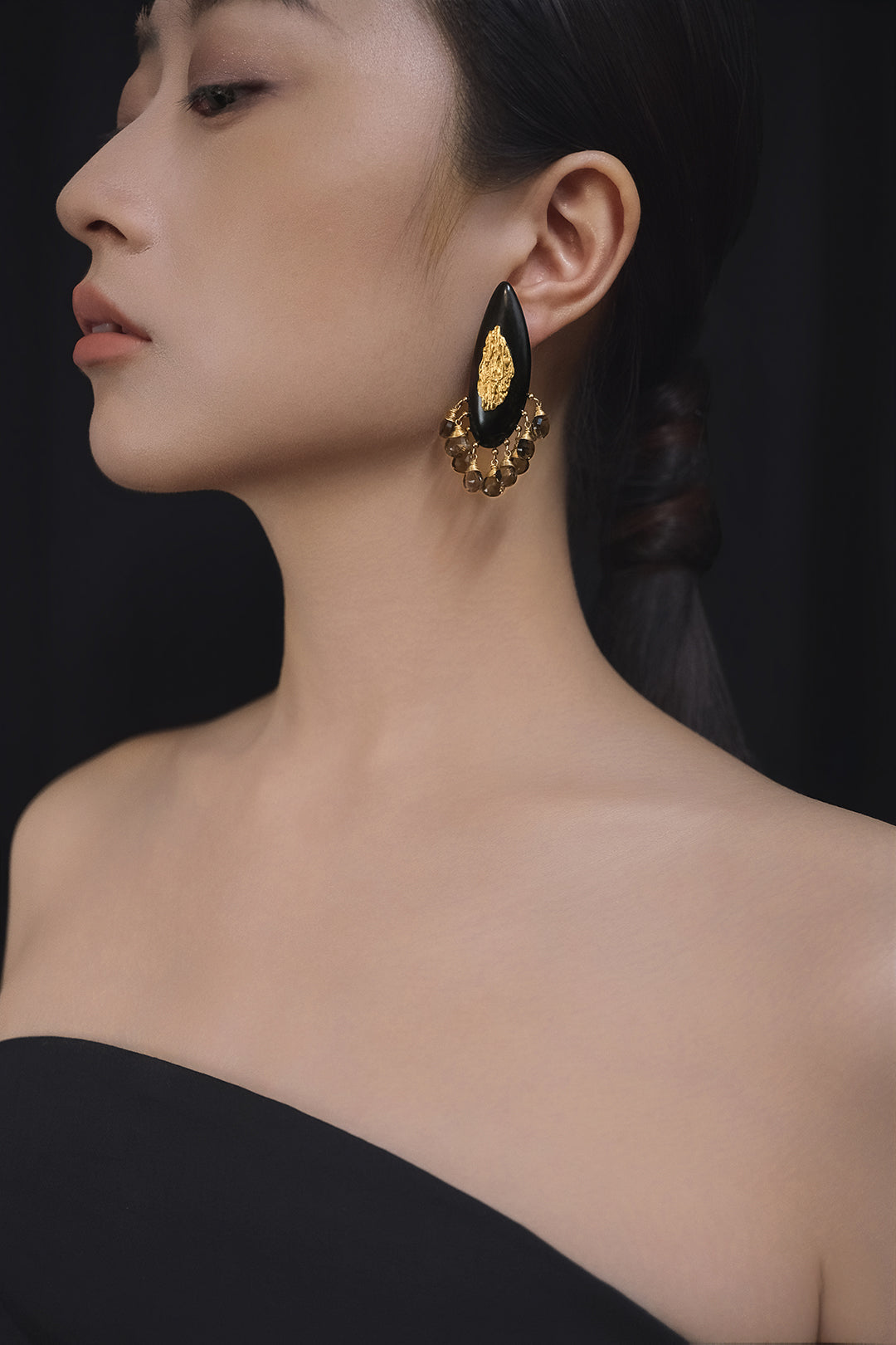 Li Realm Dewdrop Crystal Drop Earring Ebony Tea Crystal Silver Thick Gold Plated