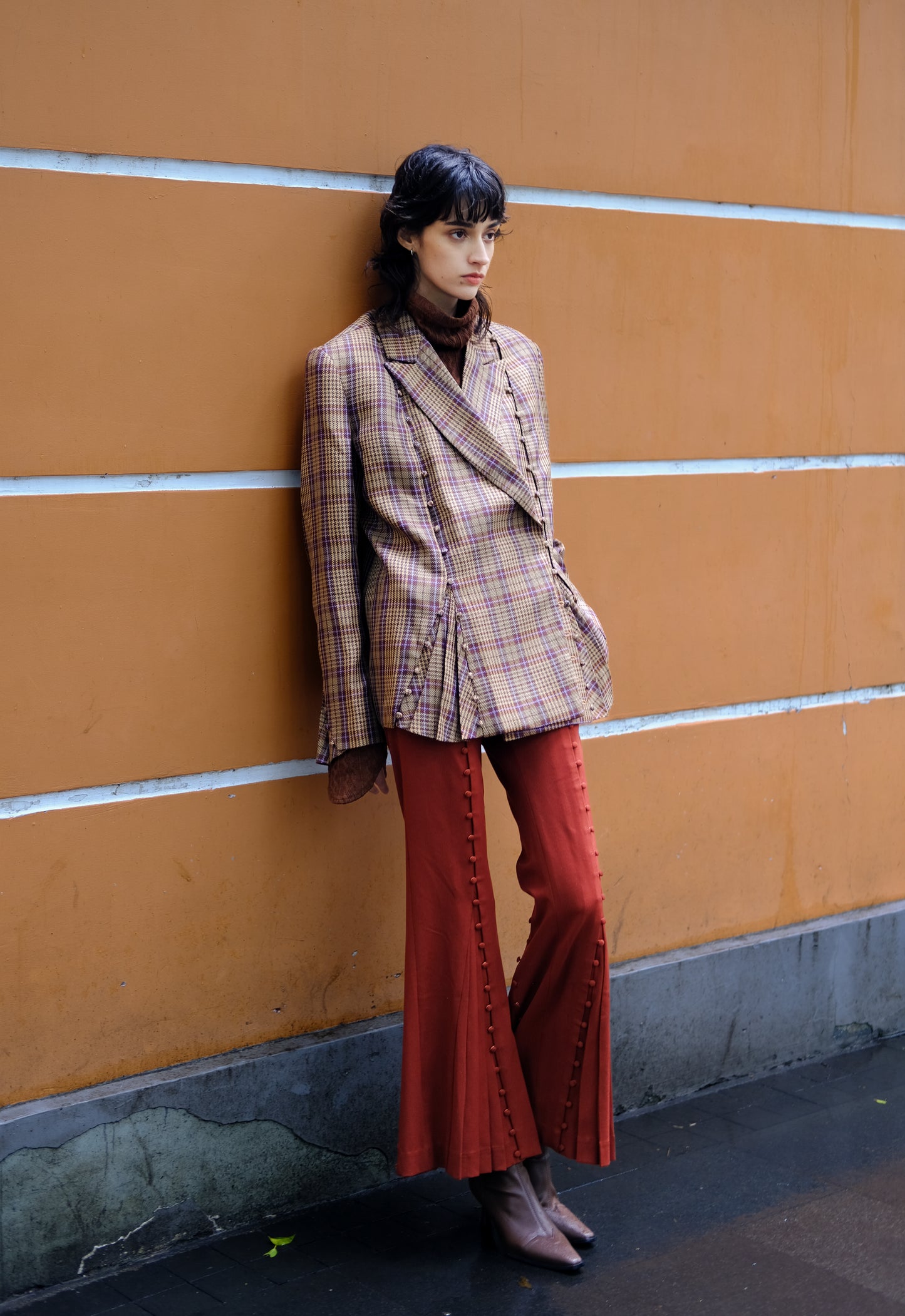 Pleated Flared Trousers With Button Details