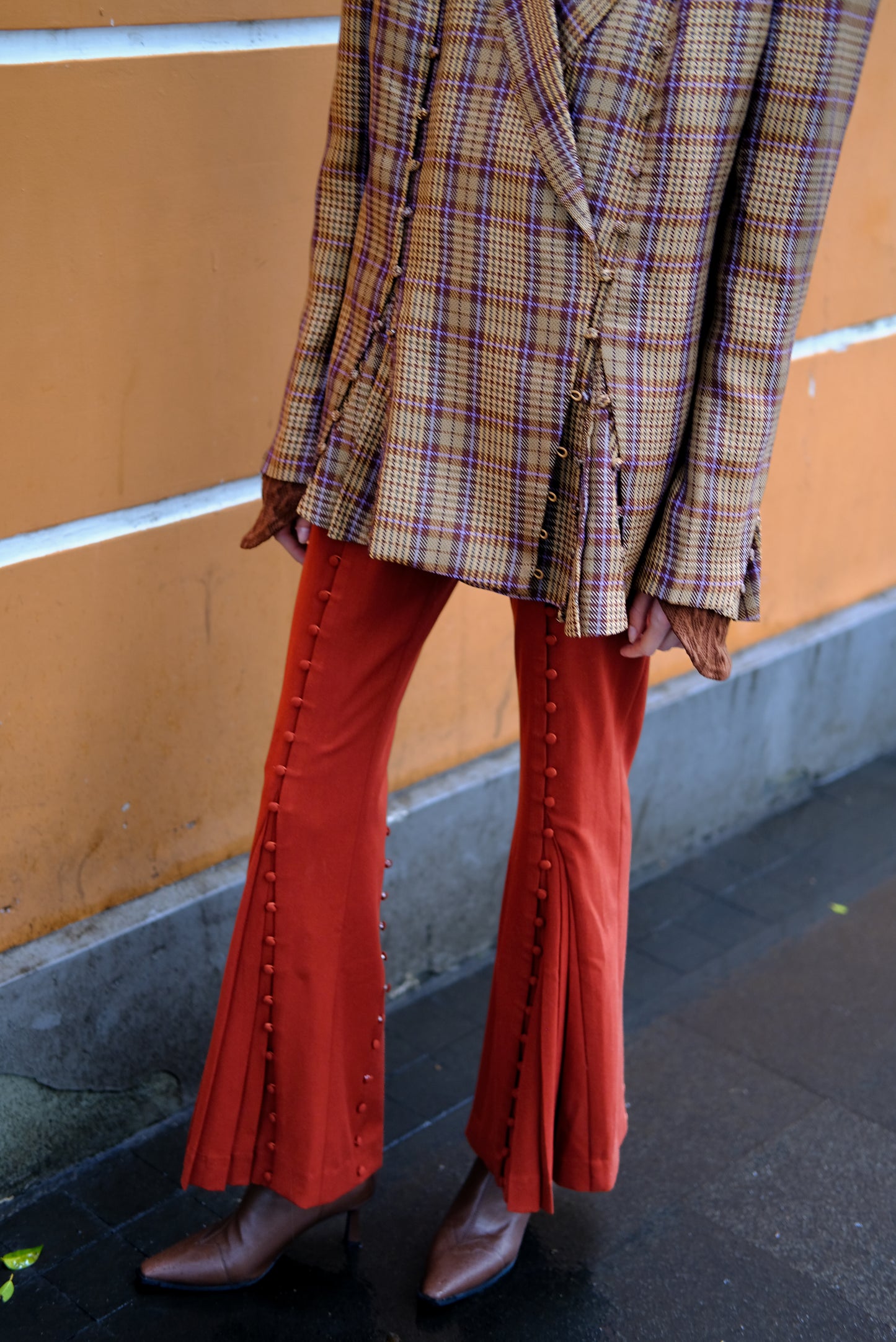 Pleated Plaid Blazer With Button Details