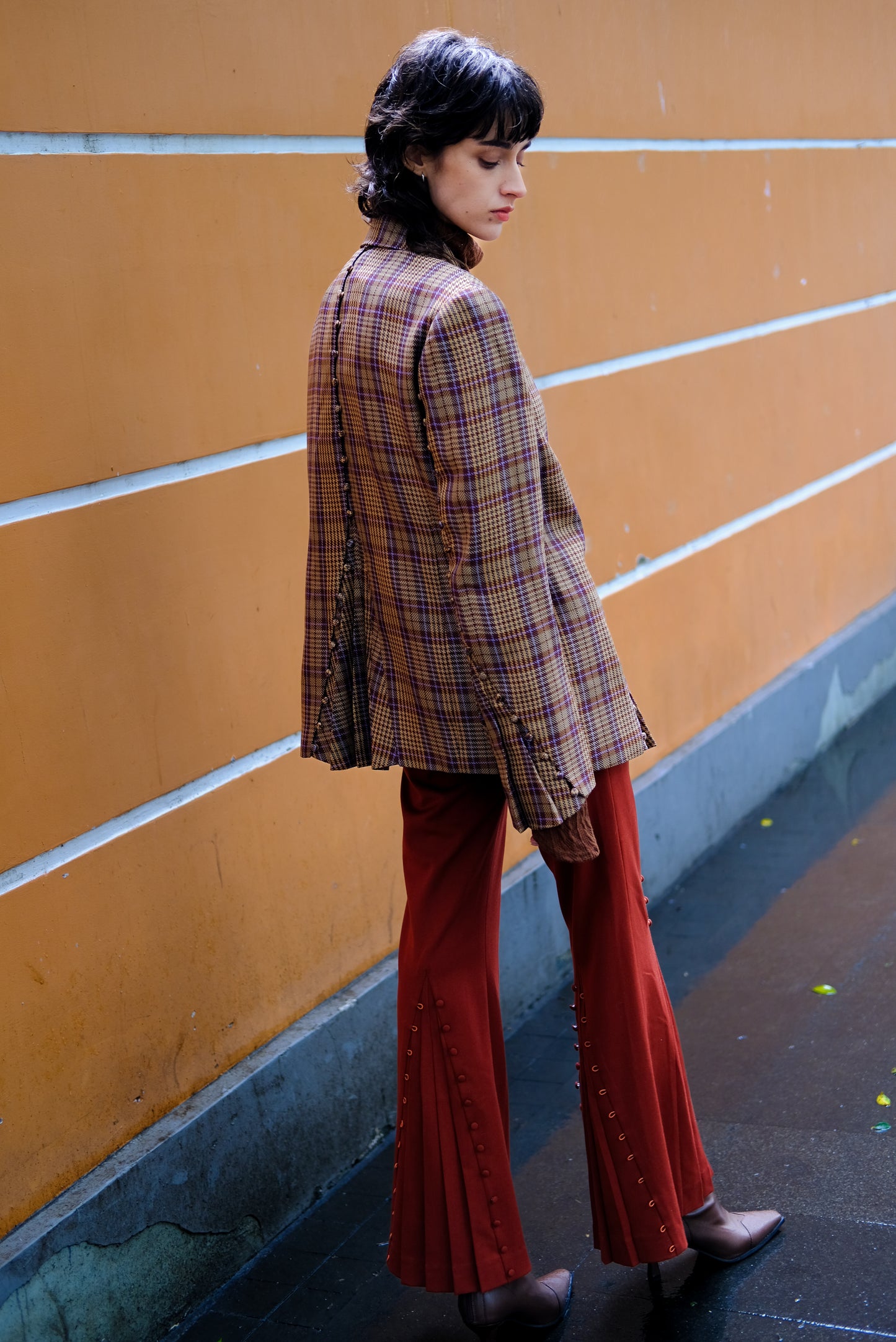 Pleated Plaid Blazer With Button Details