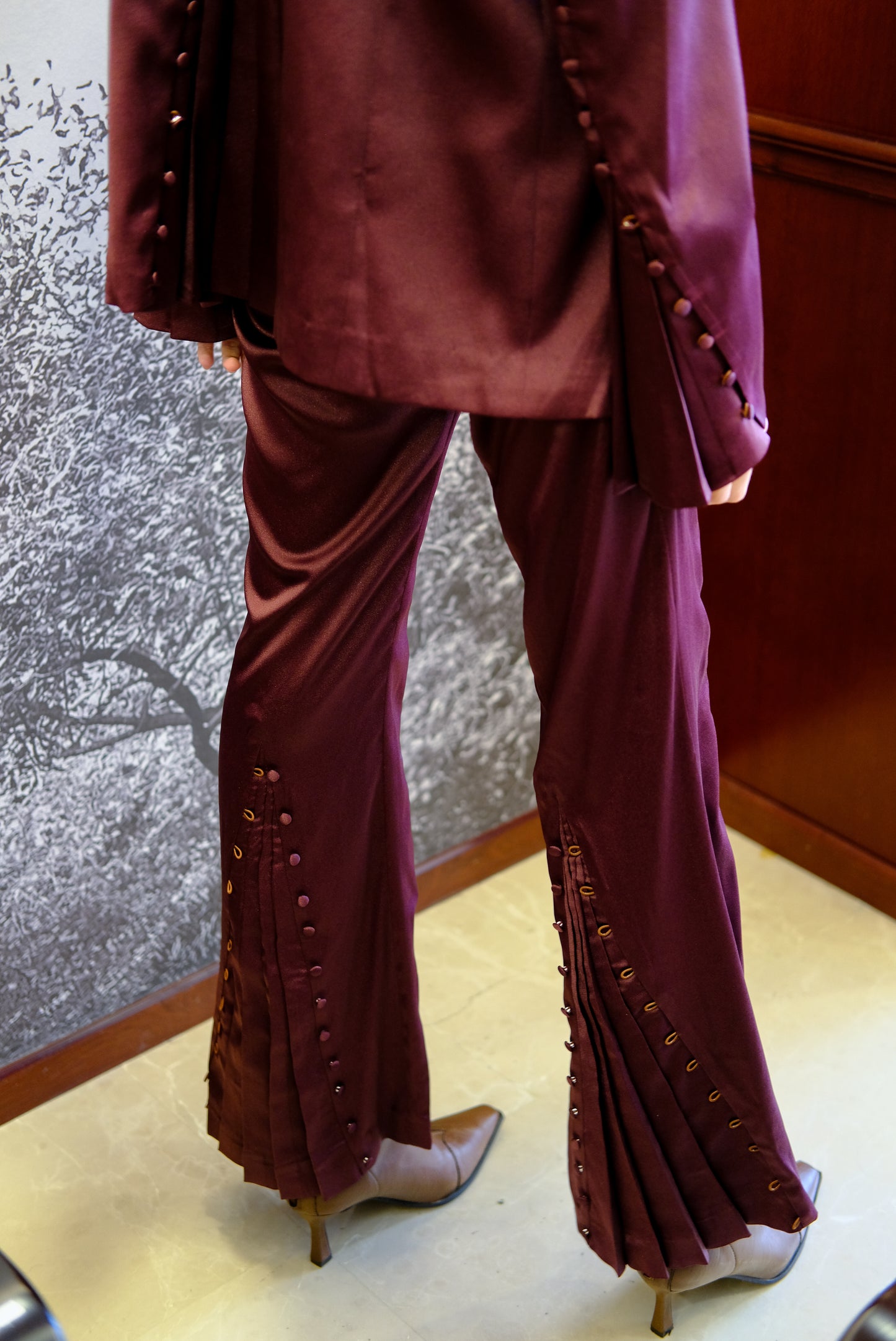 Pleated Burgundy Trousers With Button Details