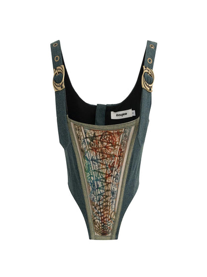 Medieval Denim Printed Patchwork Corset with Fishbone Design