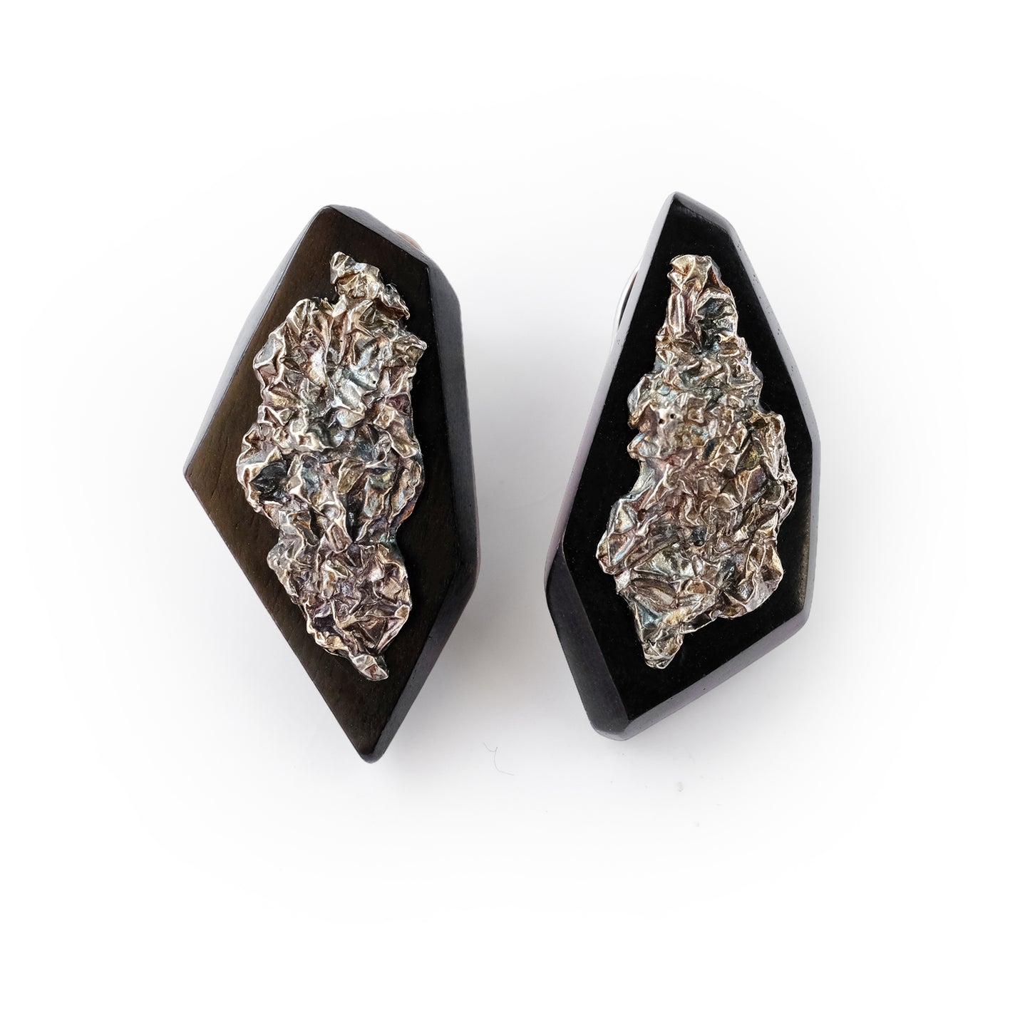 Refracted Light Asymmetric Large Ear Stud Ebony Silver Antiqued
