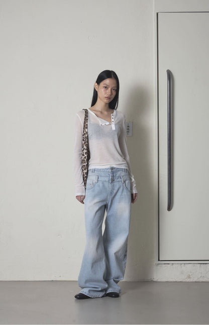 DOUBLE WAIST DENIM PANTS - ICE BLUE