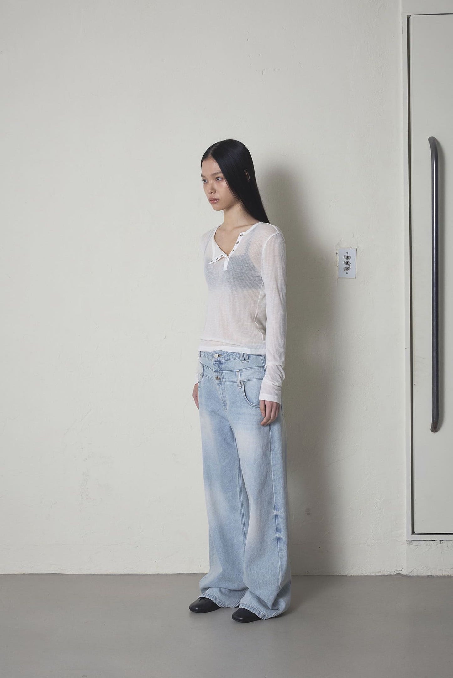 DOUBLE WAIST DENIM PANTS - ICE BLUE