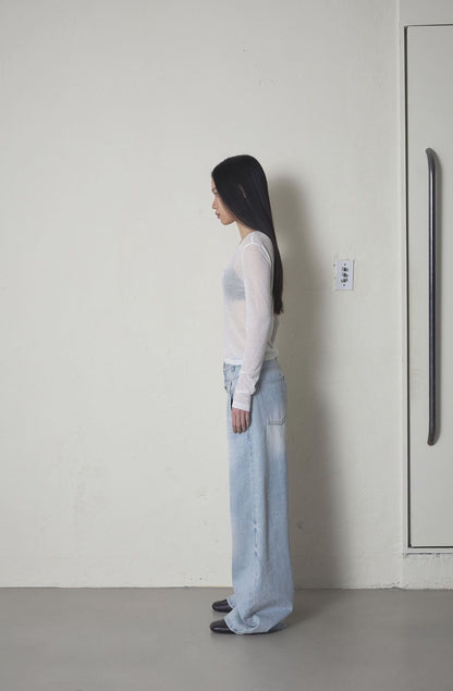 DOUBLE WAIST DENIM PANTS - ICE BLUE
