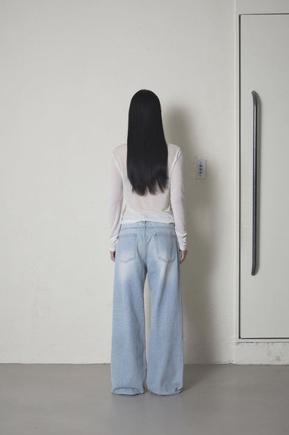 DOUBLE WAIST DENIM PANTS - ICE BLUE