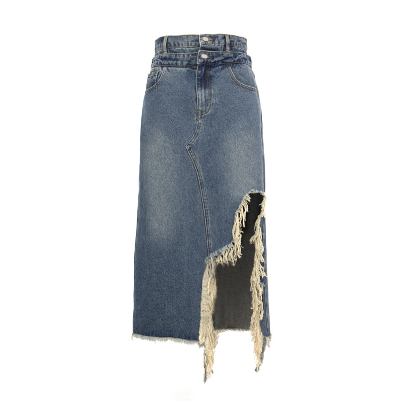 Hollowed-Out Fringed Denim Skirt