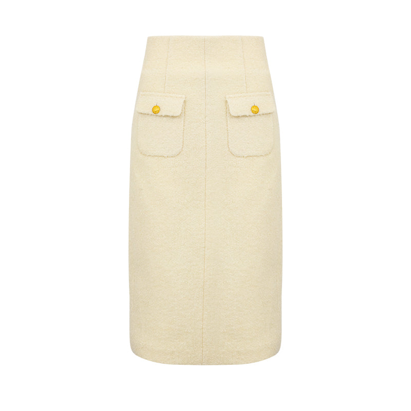 Back Slit Woolen Mid-Length High-Waisted Skirt