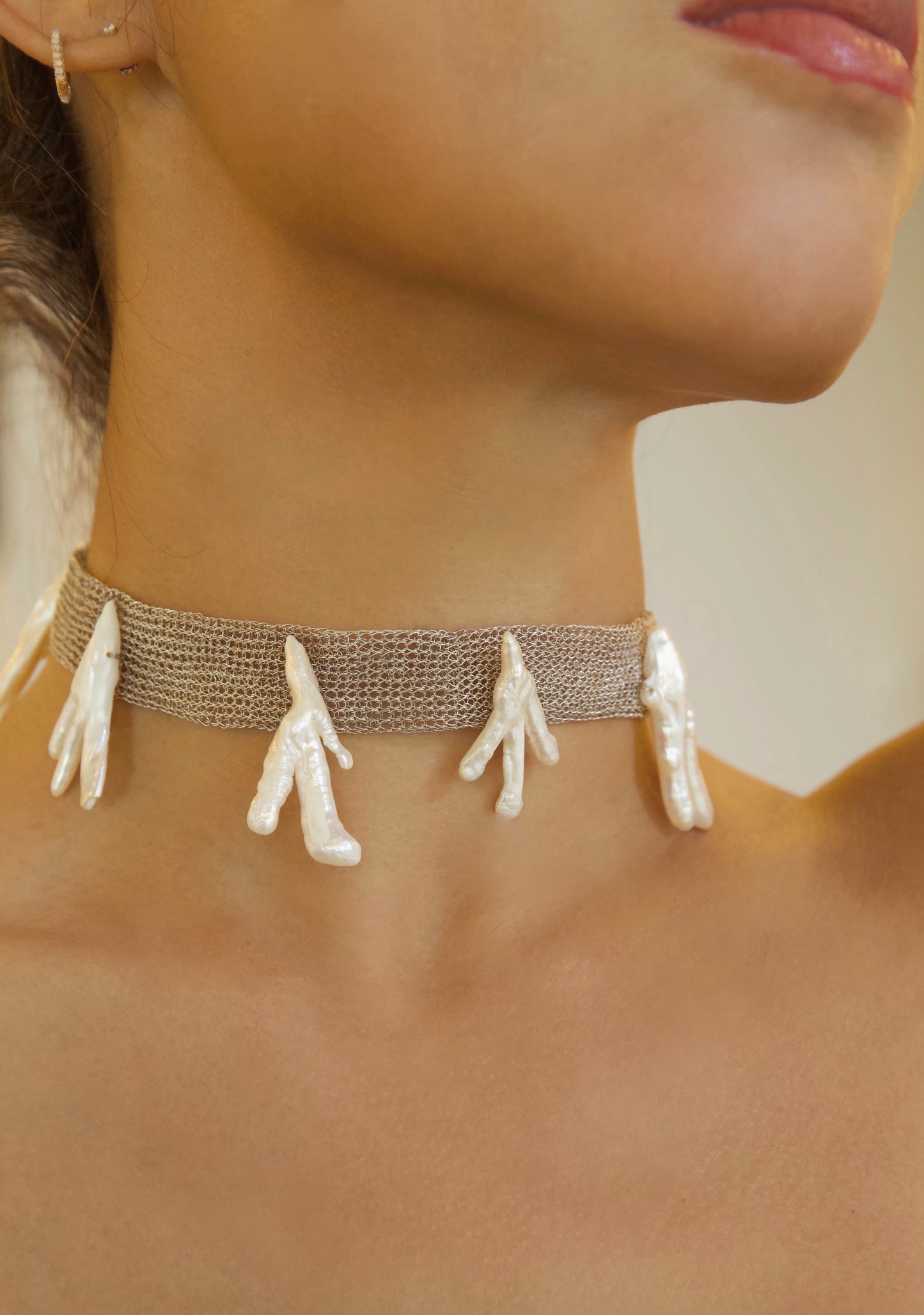 Chasing Light Series - Silver Double Layer Woven Irregular Pearl Collar