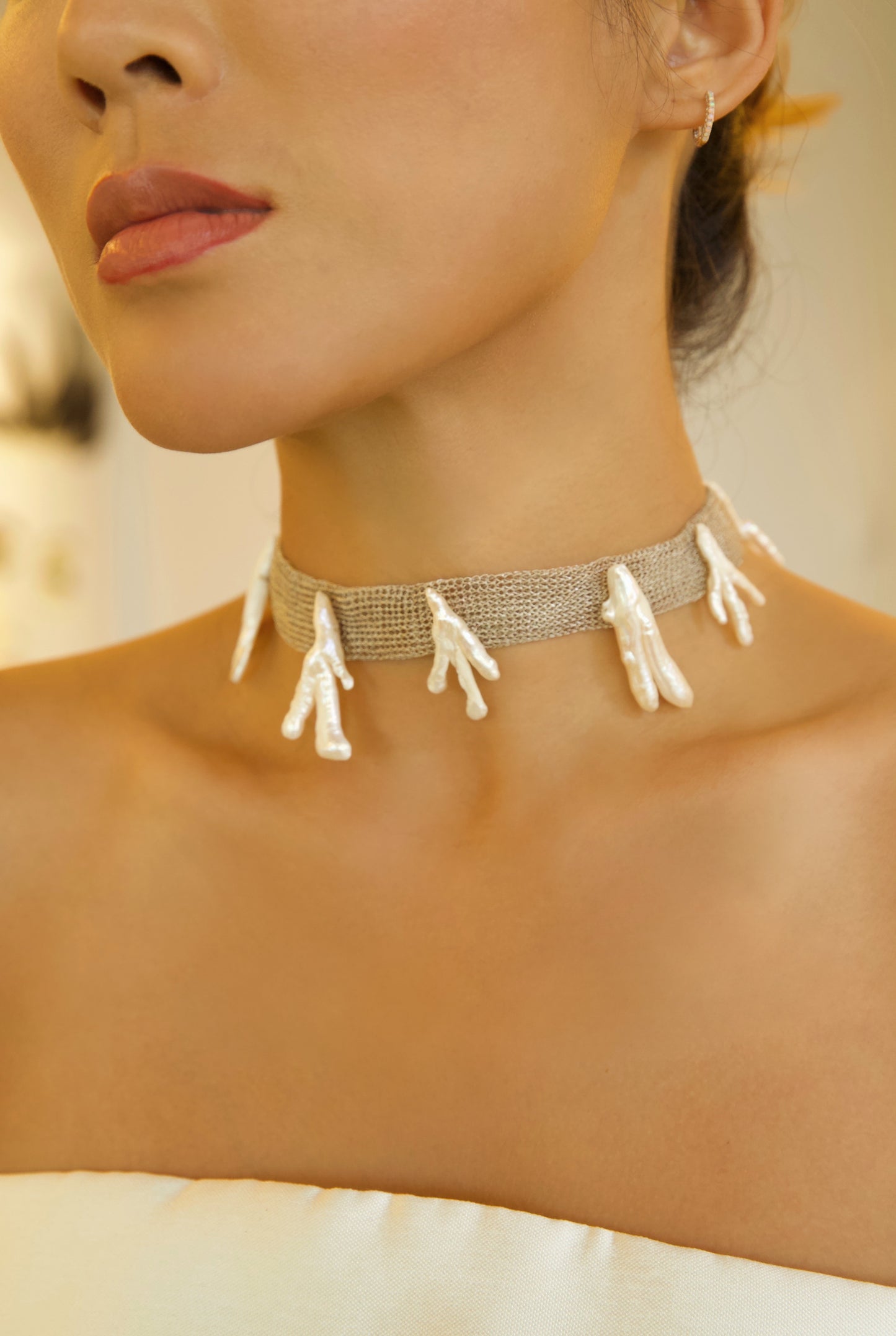 Chasing Light Series - Silver Double Layer Woven Irregular Pearl Collar