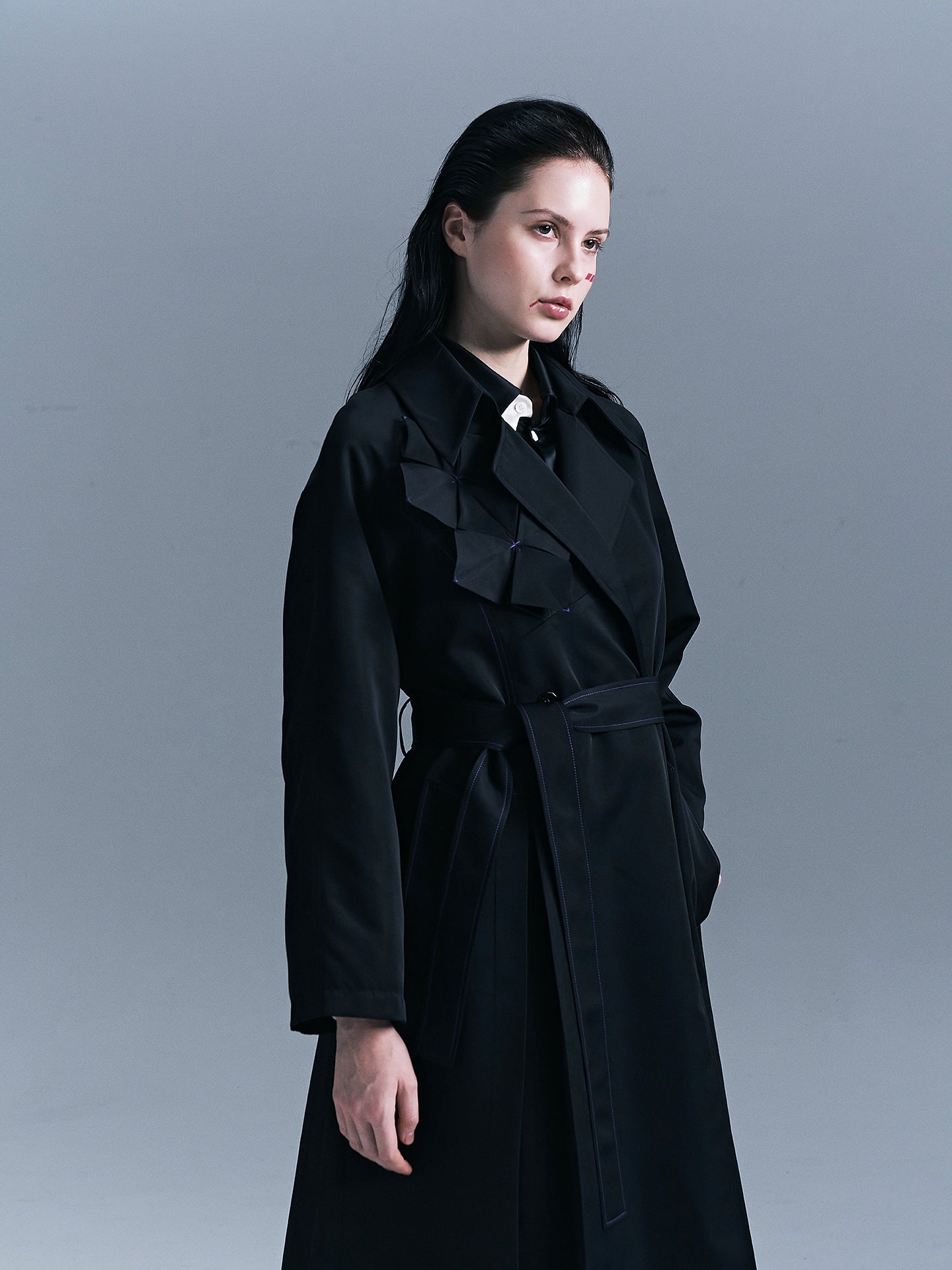 Hydrangea-patterned trench coat