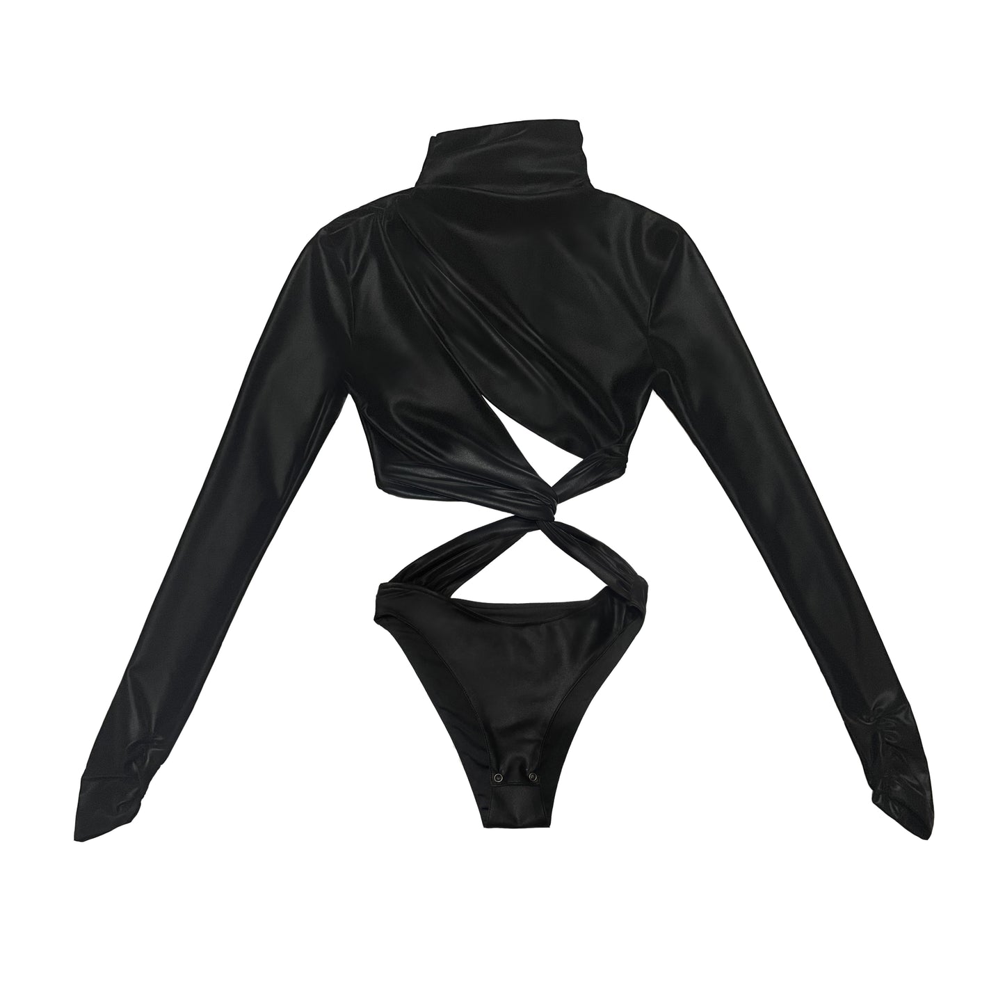 Crossed Cutout Hollow Out High Stretch Bodysuit in Leather