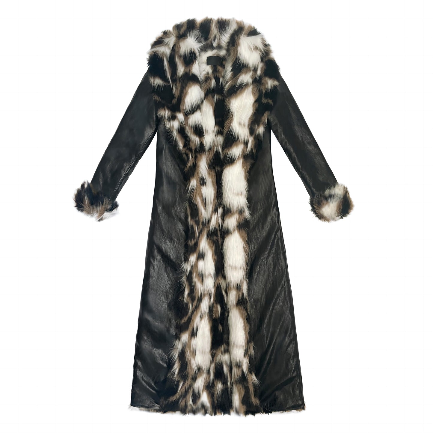 Two-Tone Eco-Friendly Fur Spliced Leather Lapel Long Shearling Coat