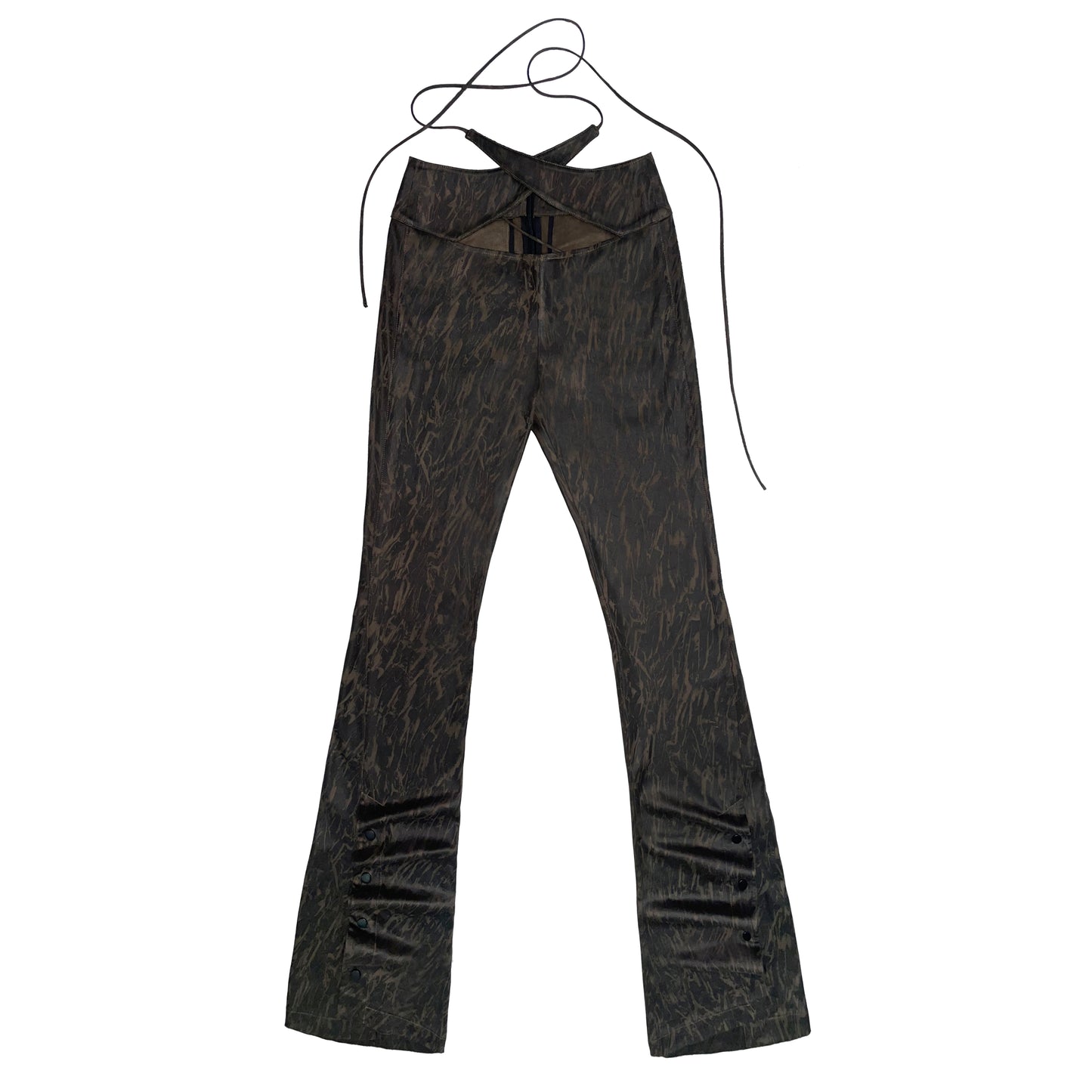 Hollowed-out muscle texture leather flared pants at the waist