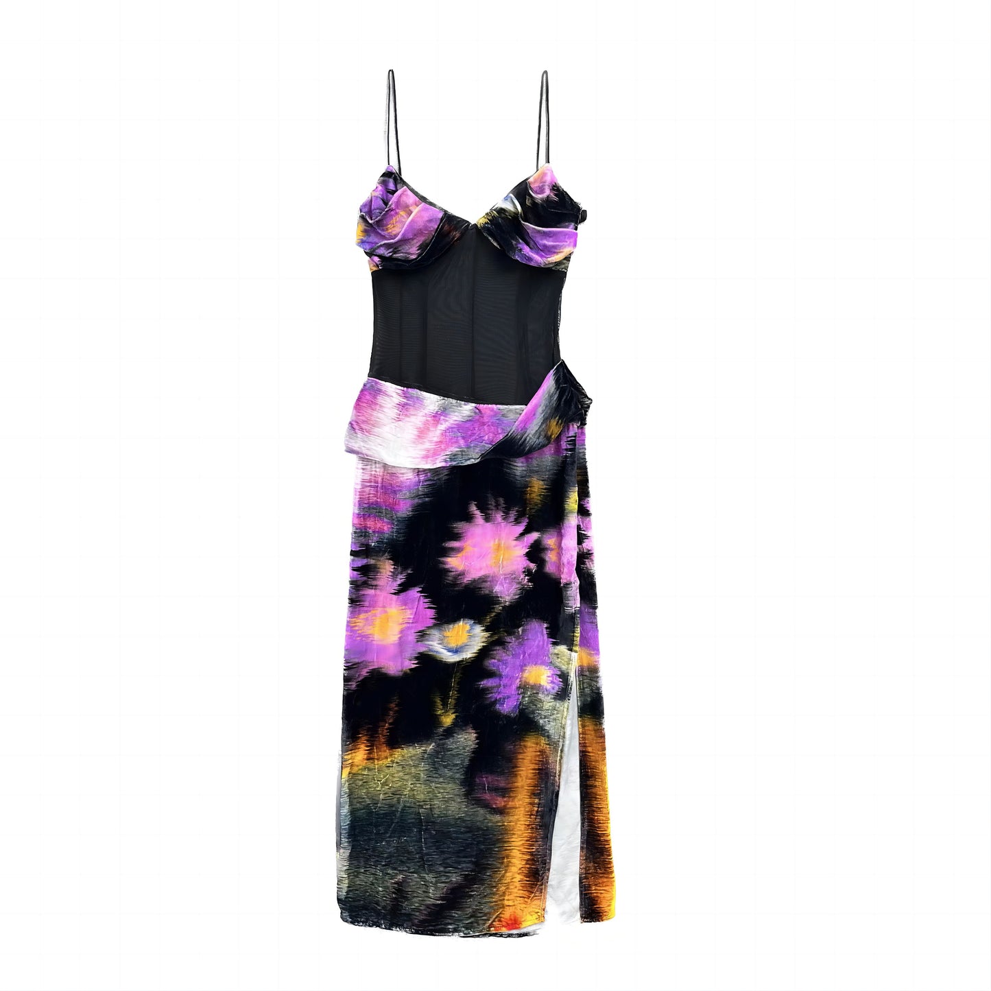 Black Base Purple Floral Silk Velvet Patchwork Mesh Print Dress