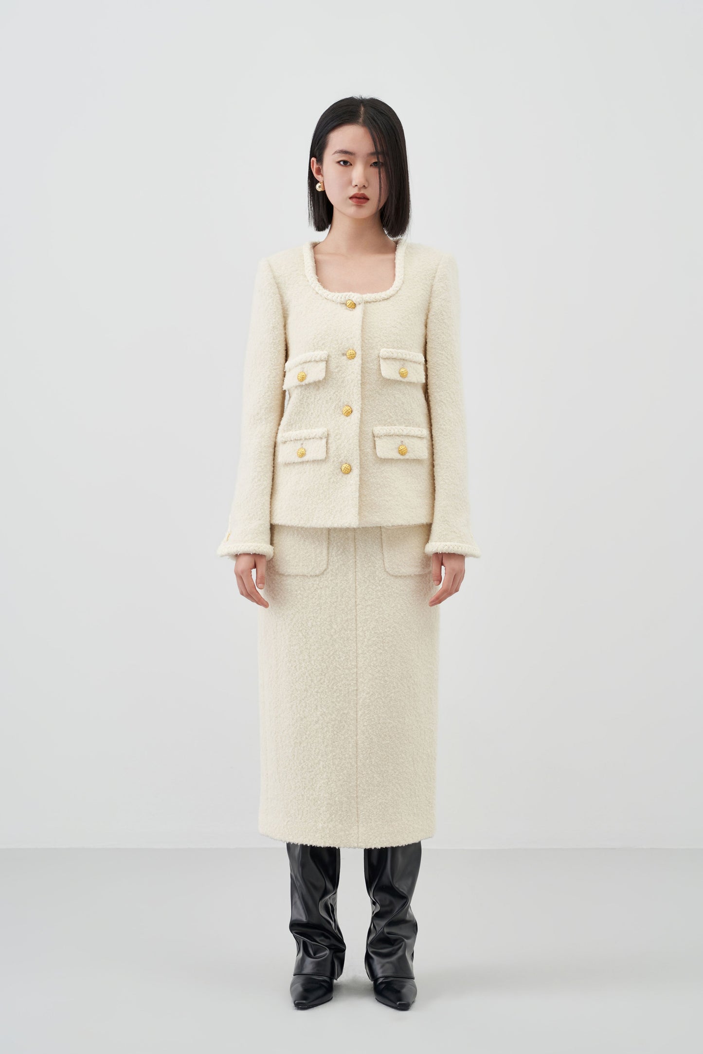 Curved Collar Woolen Coat