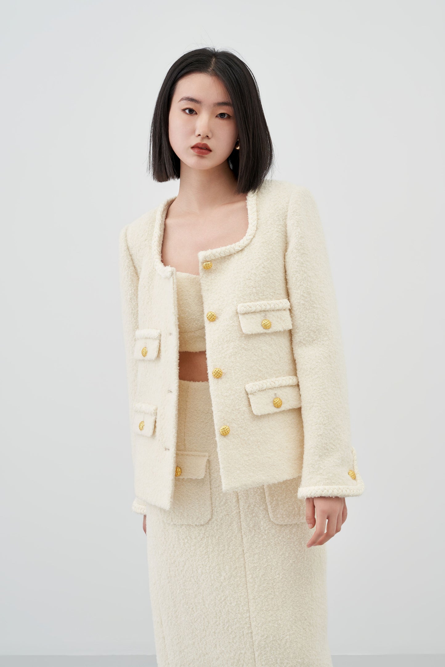 Curved Collar Woolen Coat