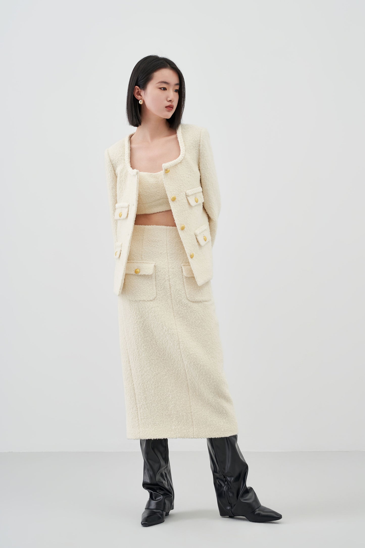 Curved Collar Woolen Coat