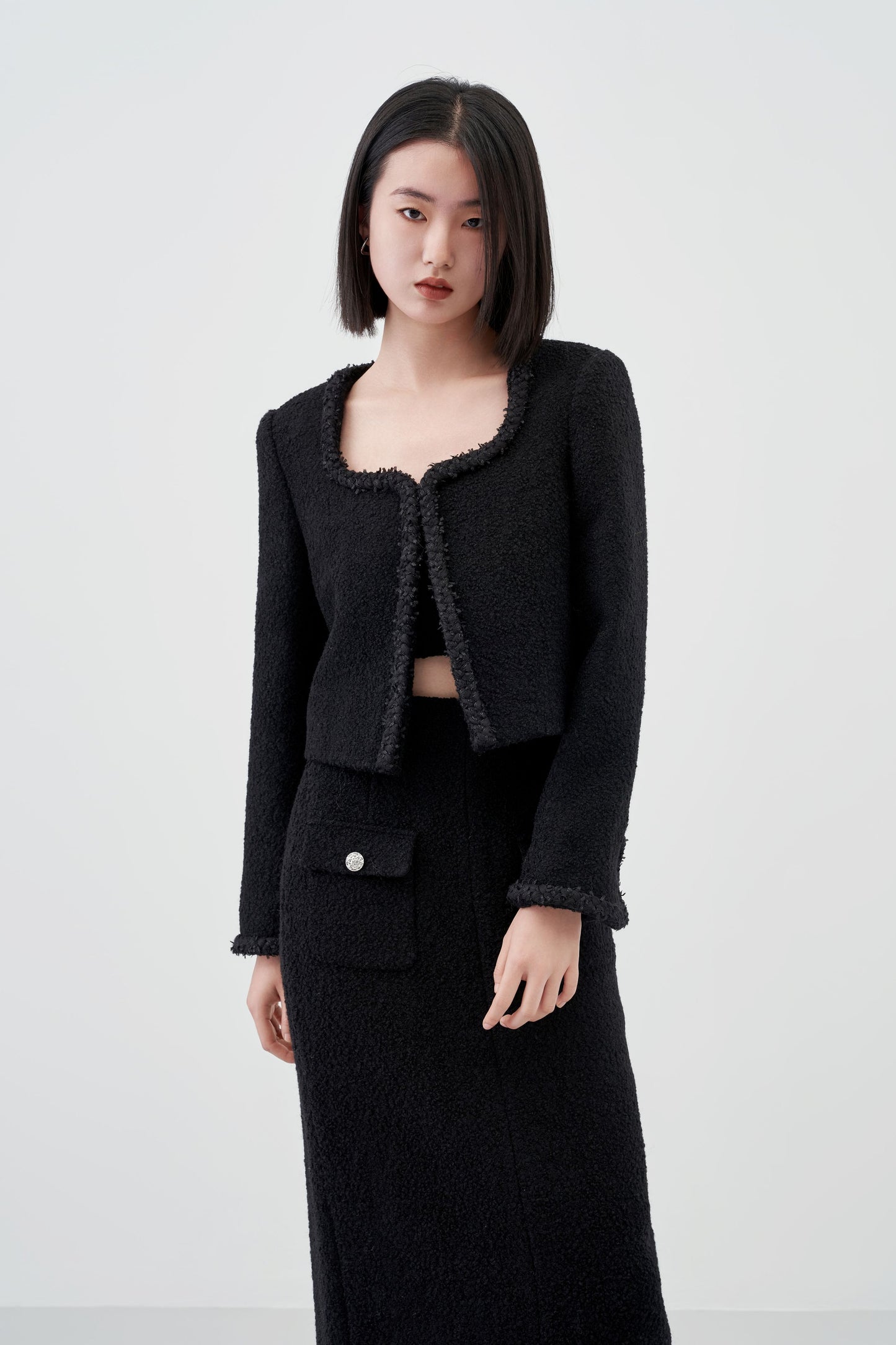 Curved Collar Buckle Woolen Short Coat