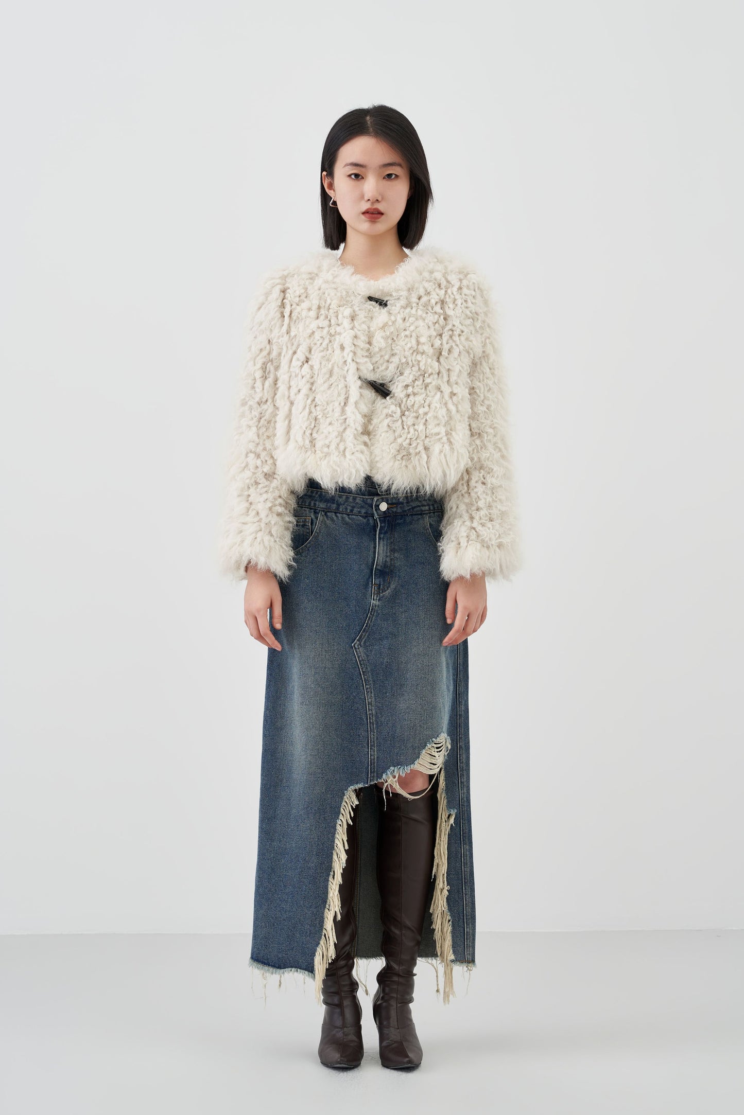 Hollowed-Out Fringed Denim Skirt