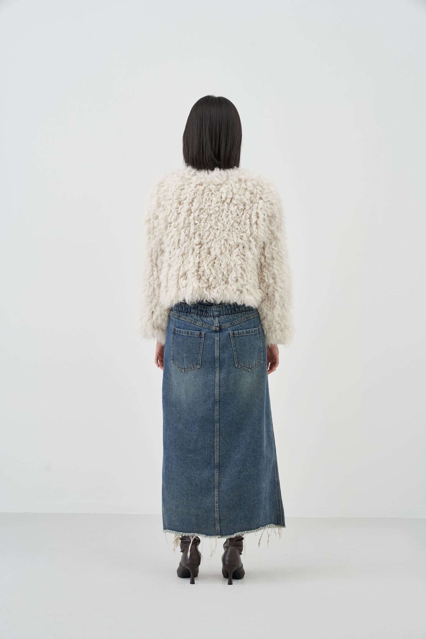 Hollowed-Out Fringed Denim Skirt