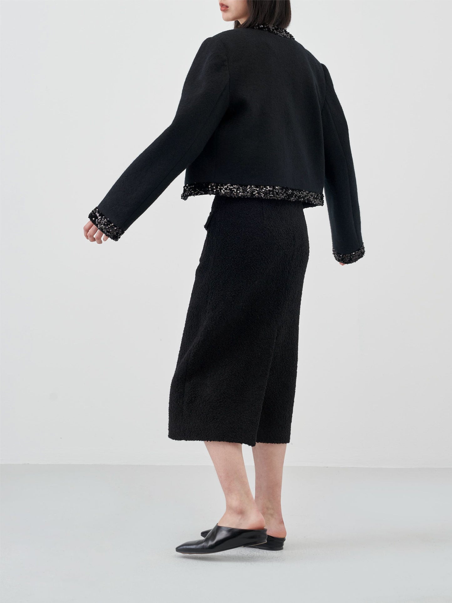 Back Slit Woolen High-Waisted Midi Skirt