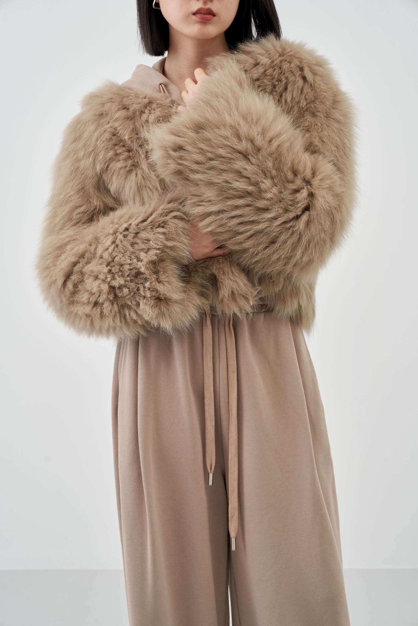 Loose V-Neck Fox Fur Short High-Waisted Coat