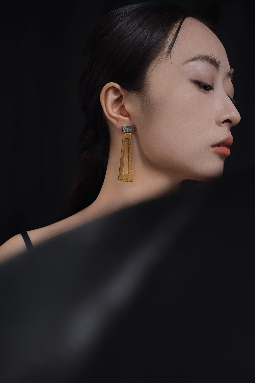 Li Realm Window Lattice Shadow Earring Golden Nanmu Wood Antiqued Silver