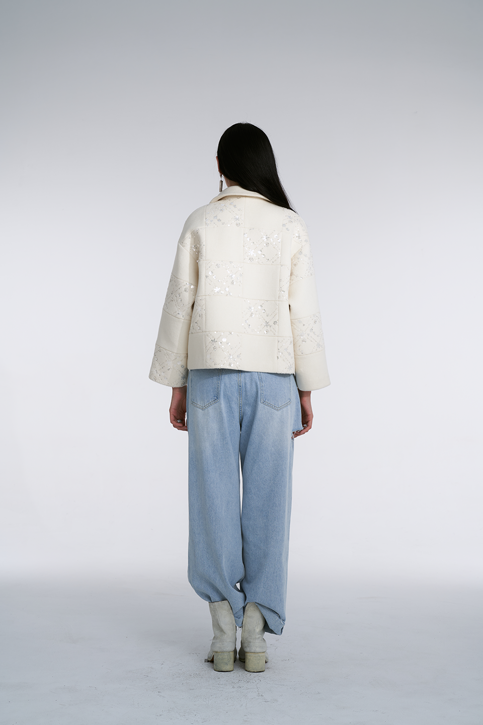 White Checkered Beaded Woolen Jacket