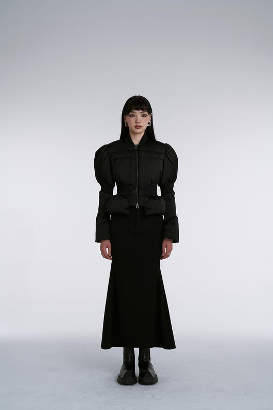 Black Structured Waist Short Down Jacket