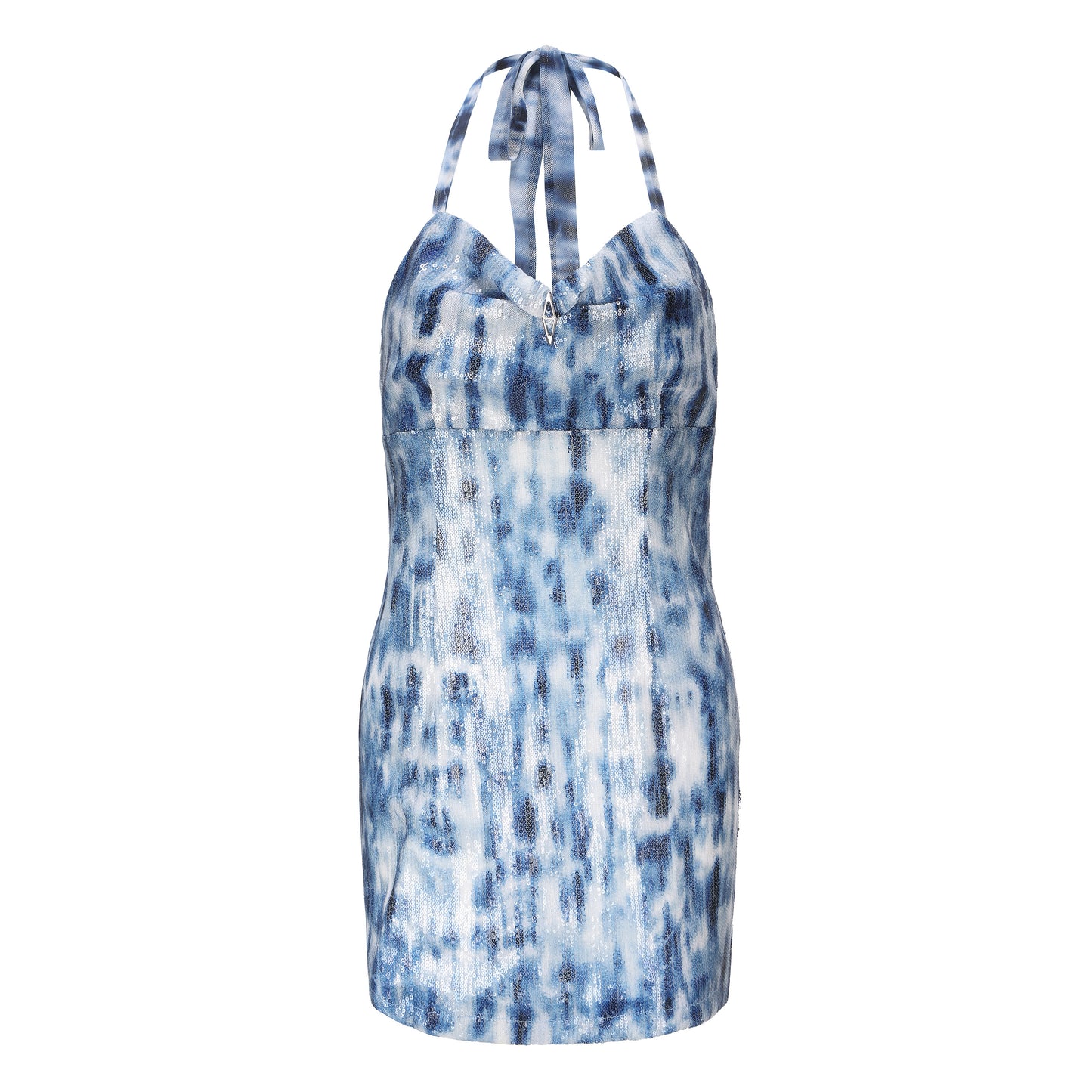 Blue and White Sequined Elastic Waist Halterneck Dress