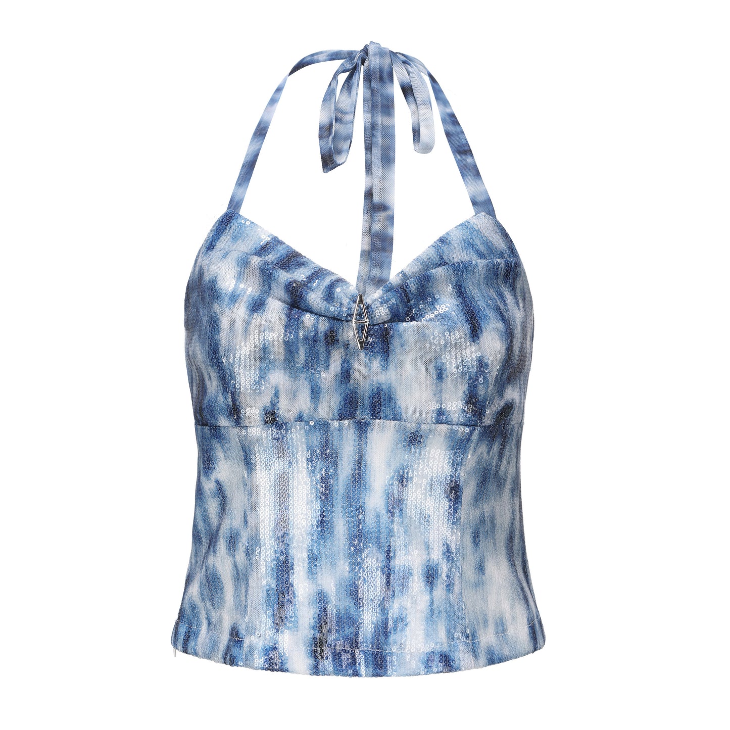 Blue and White Sequined Halterneck Camisole Top with Elastic