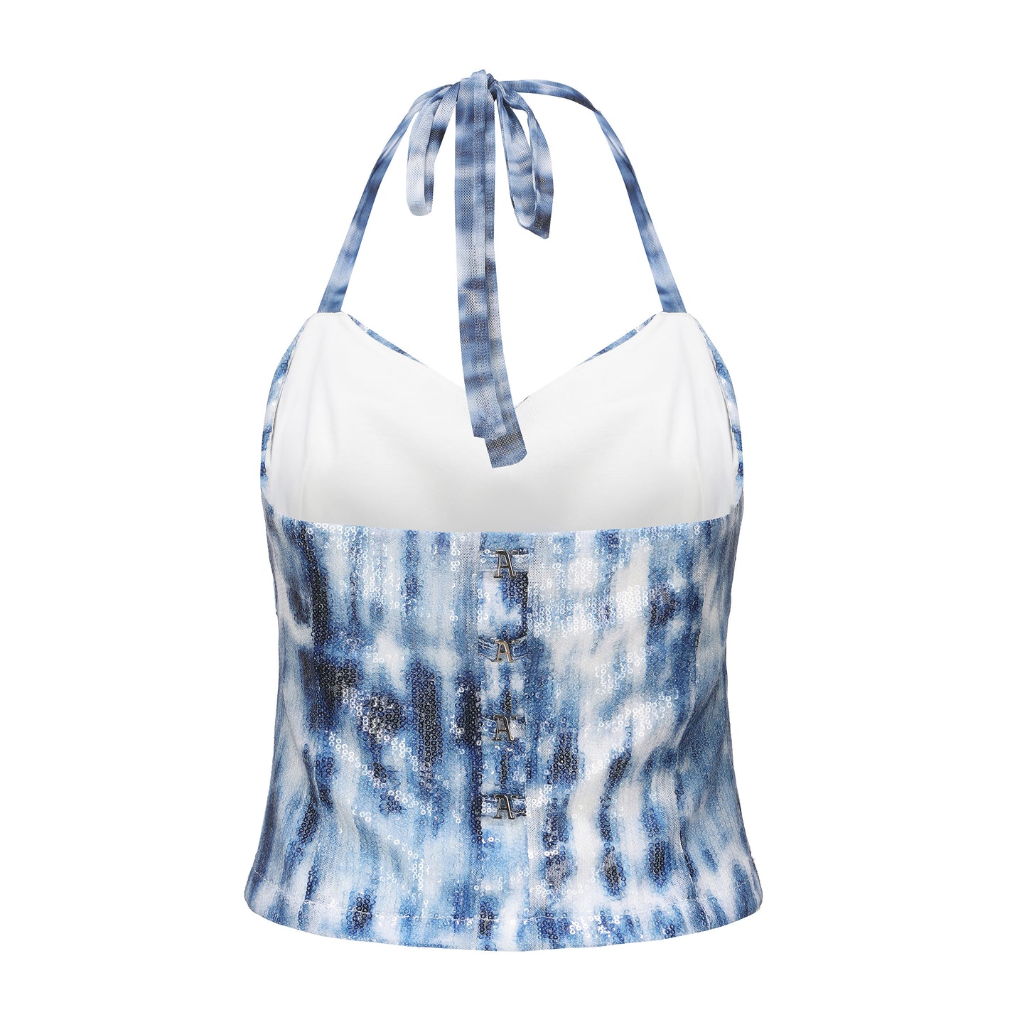 Blue and White Sequined Halterneck Camisole Top with Elastic