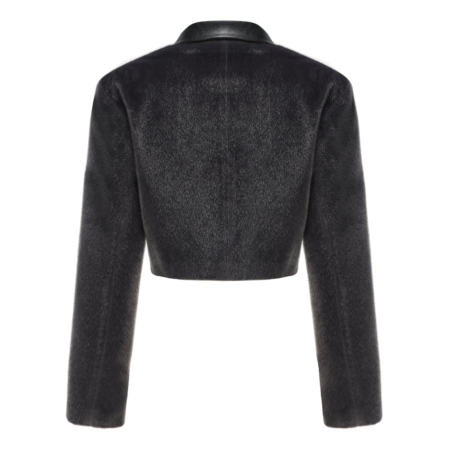 Gray patchwork leather trim eco-friendly fur jacket