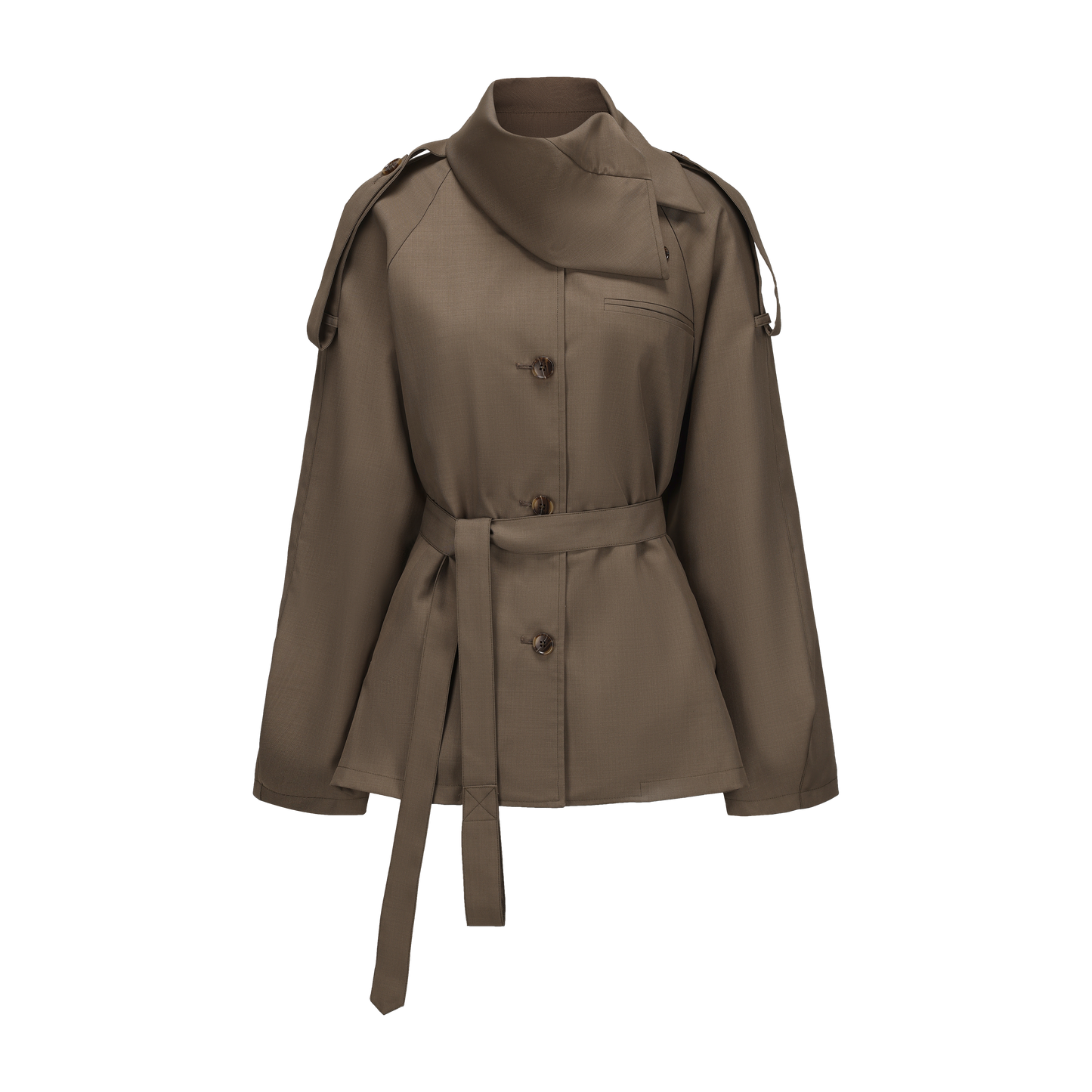 Asymmetric Shirt-Collar Wool Trench Green