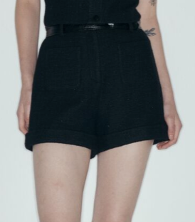 Black Embellished Tweed Straight-Cut Shorts