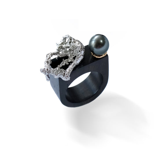Ember Wing Rebirth Tahitian Pearl Ebony Ring Silver