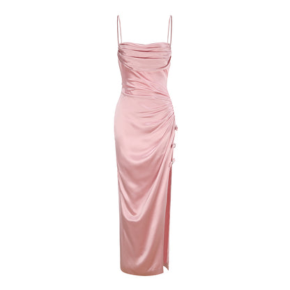 Pink Halter Neck Long Dress with Romantic Ruffles