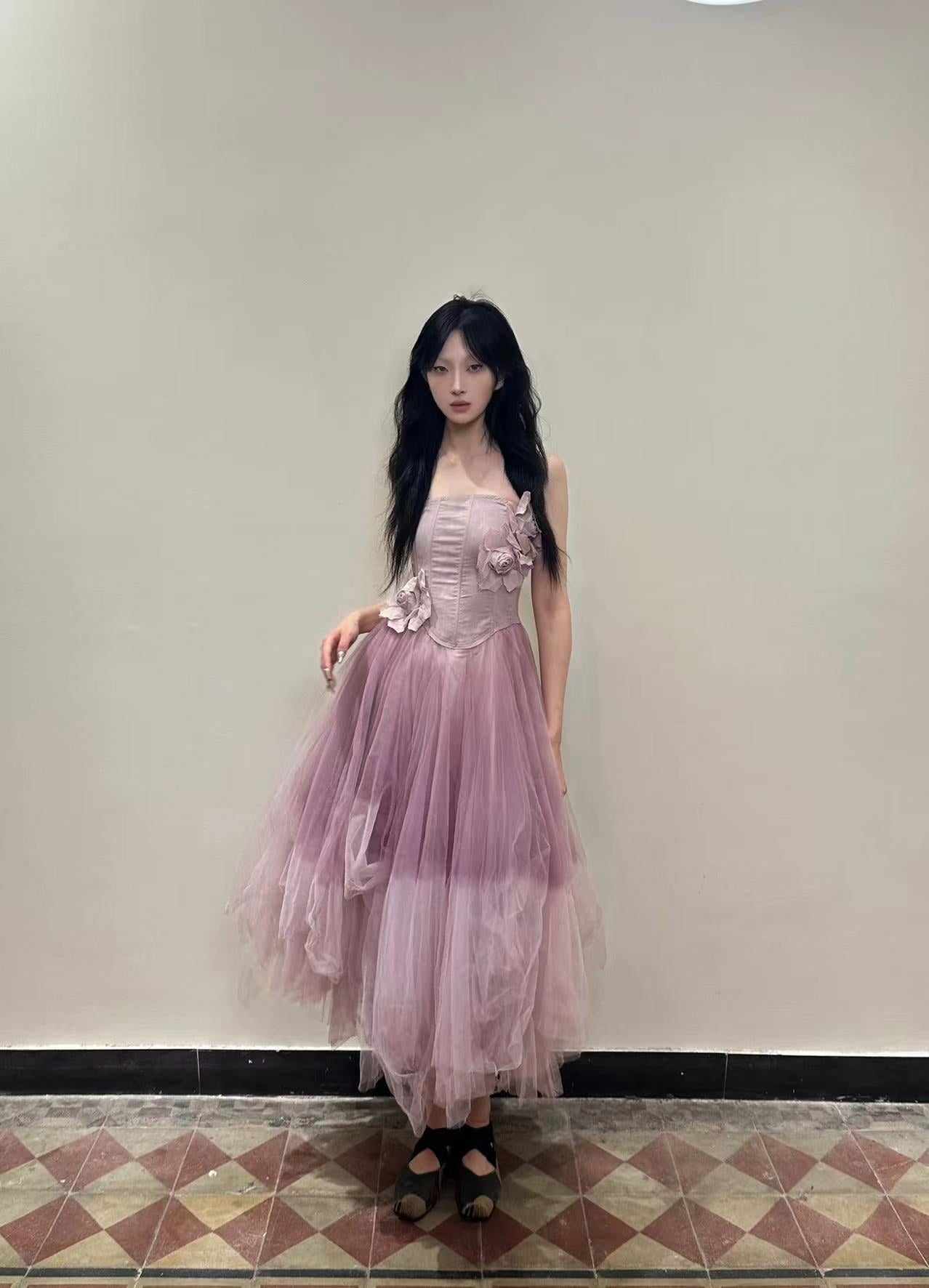 Garden Thicket Spirit Bustier Tulle Dress (Detachable Straps) Purple Floral Version