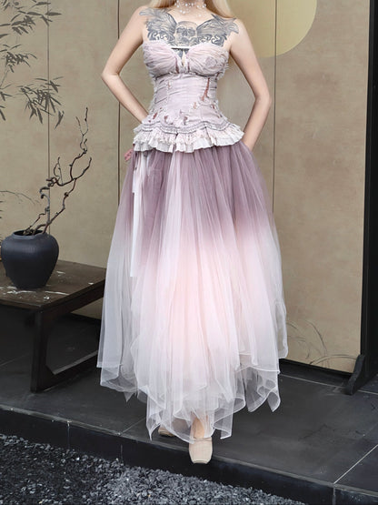Forest Elf Tulle Skirt Washed Dyed Gradual Taro Purple